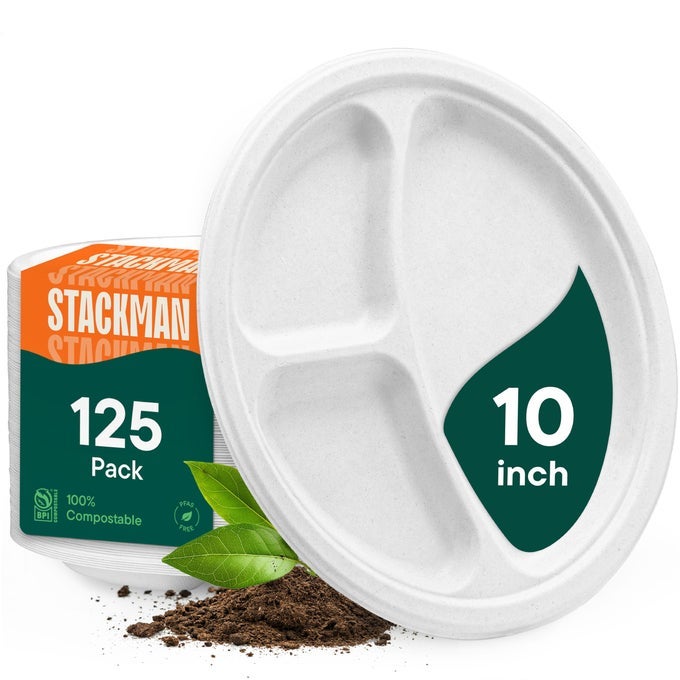 100 COMPOSTABLE 3 COMPARTMENT 10INCH DISPOSABLE PAPER PLATES 125PACK SECTIONAL LUNCH TRAYS DIVIDERS DIVIDED PLATTER TRAY HEAVY DUTY BIODEGRADABLE BAGASSE BPACERTIFIED PFASFREE