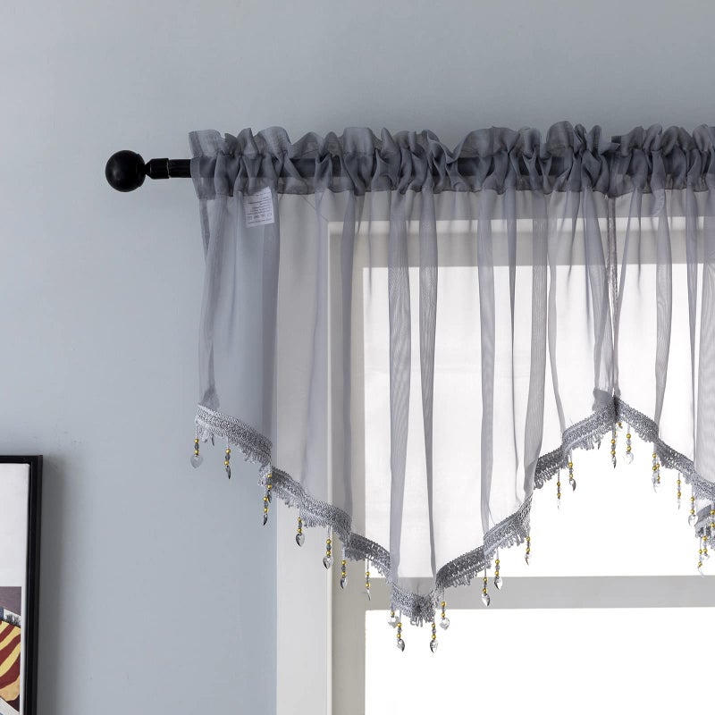 PearAge Beaded Sheer Valance Curtains for Living Room,Rod Pocket Farmhouse Window Valance, Bead Trim Tassel Voile Sheer Curtain Valance for Bedroom Bathroom Cafe 51x24 Inches (Grey) 1PC - Image 1
