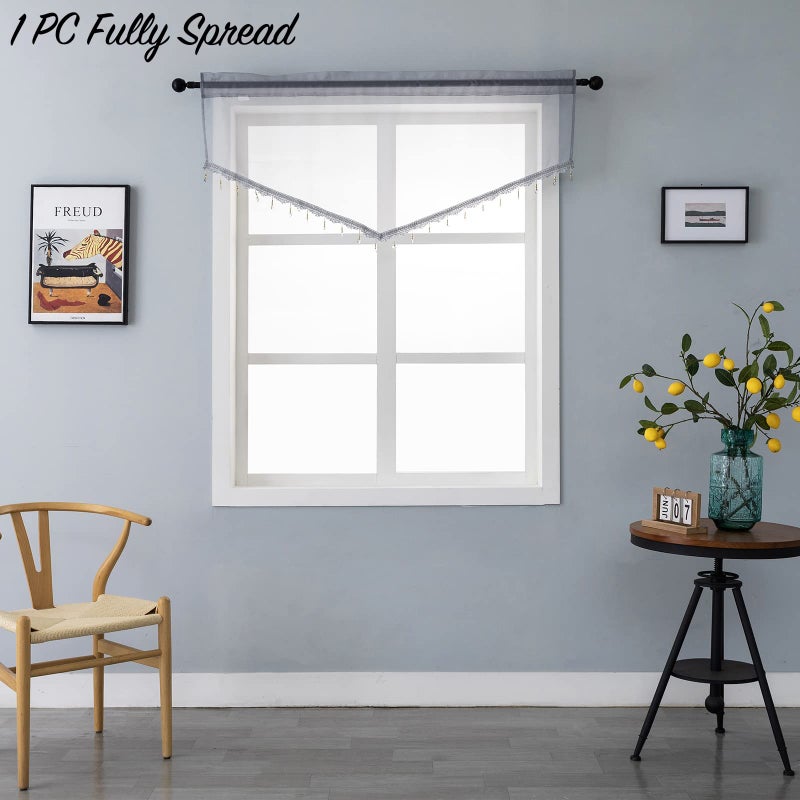 PearAge Beaded Sheer Valance Curtains for Living Room,Rod Pocket Farmhouse Window Valance, Bead Trim Tassel Voile Sheer Curtain Valance for Bedroom Bathroom Cafe 51x24 Inches (Grey) 1PC - Image 3