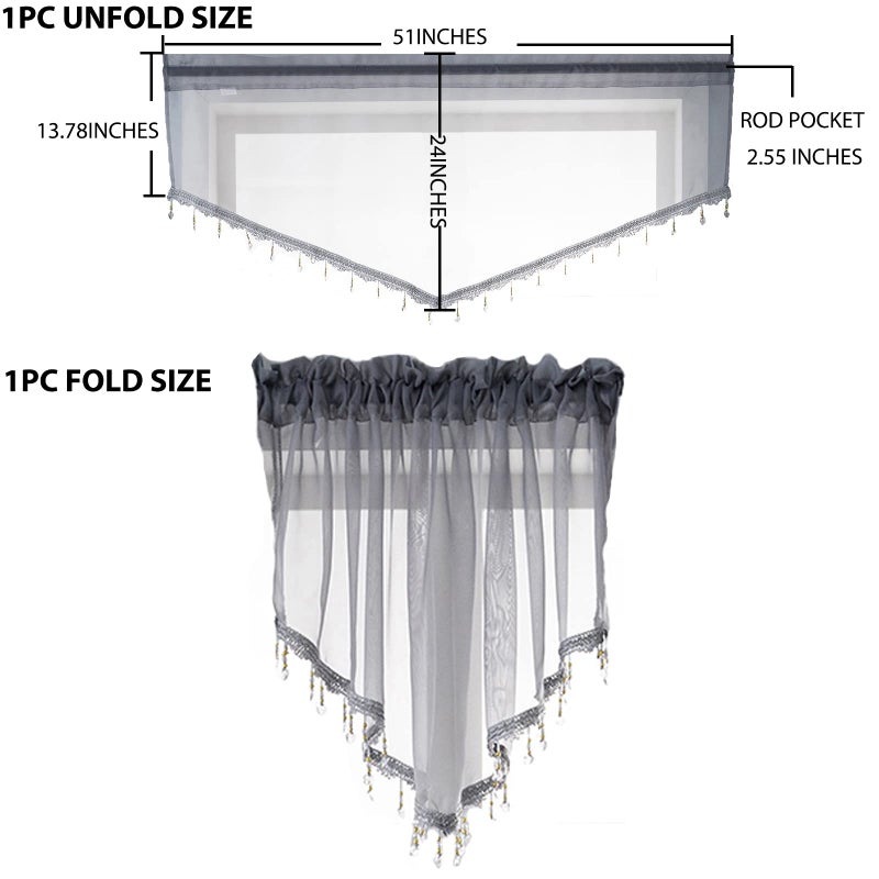 PearAge Beaded Sheer Valance Curtains for Living Room,Rod Pocket Farmhouse Window Valance, Bead Trim Tassel Voile Sheer Curtain Valance for Bedroom Bathroom Cafe 51x24 Inches (Grey) 1PC - Image 4