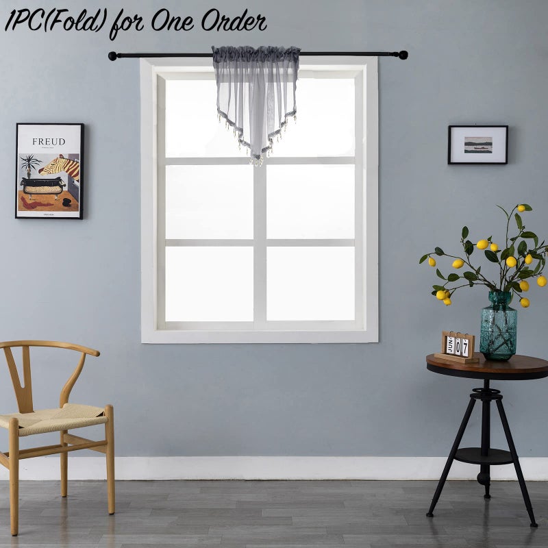PearAge Beaded Sheer Valance Curtains for Living Room,Rod Pocket Farmhouse Window Valance, Bead Trim Tassel Voile Sheer Curtain Valance for Bedroom Bathroom Cafe 51x24 Inches (Grey) 1PC - Image 2