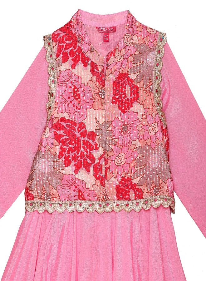 BIBA Girl's Polyester Blend Kurta, Jacket, Palazzo, Dupatta (KWSWTMT6086AW24PNK_Pink - Image 3