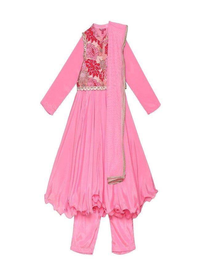 BIBA Girl's Polyester Blend Kurta, Jacket, Palazzo, Dupatta (KWSWTMT6086AW24PNK_Pink - Image 1