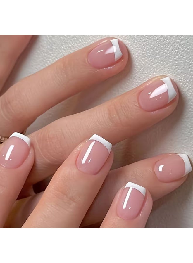 LANGMANNI 24Pcs Classic French Tip Press On Nails, Short Square Nude Pink Fake Nails with White Border, Detachable Reusable Wearable False Nails for Women - Image 1