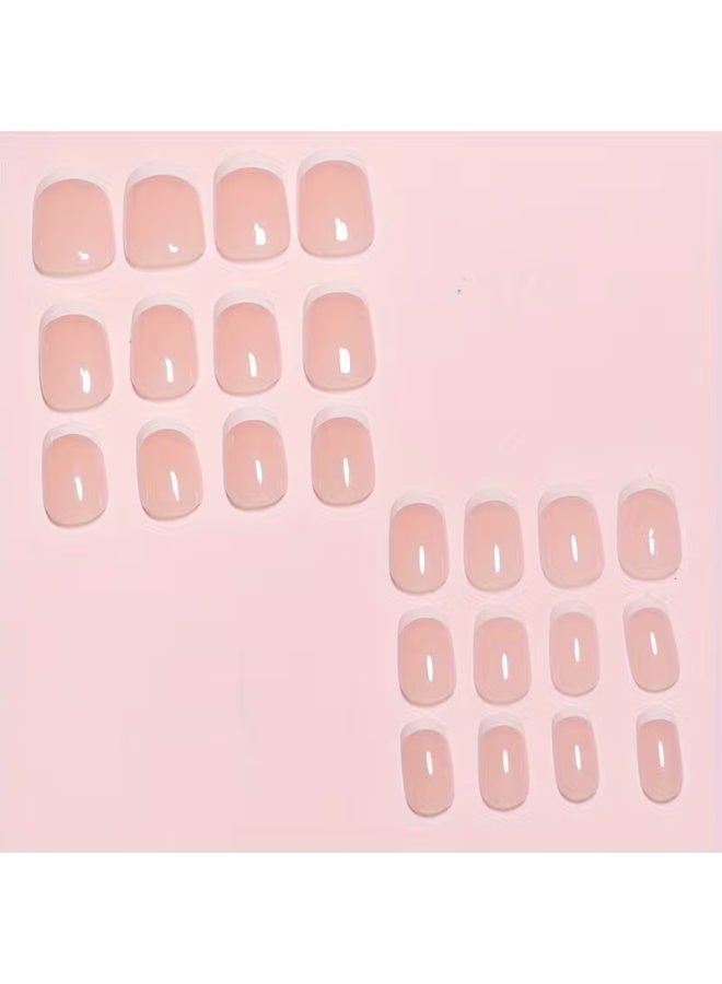 LANGMANNI 24Pcs Classic French Tip Press On Nails, Short Square Nude Pink Fake Nails with White Border, Detachable Reusable Wearable False Nails for Women - Image 3