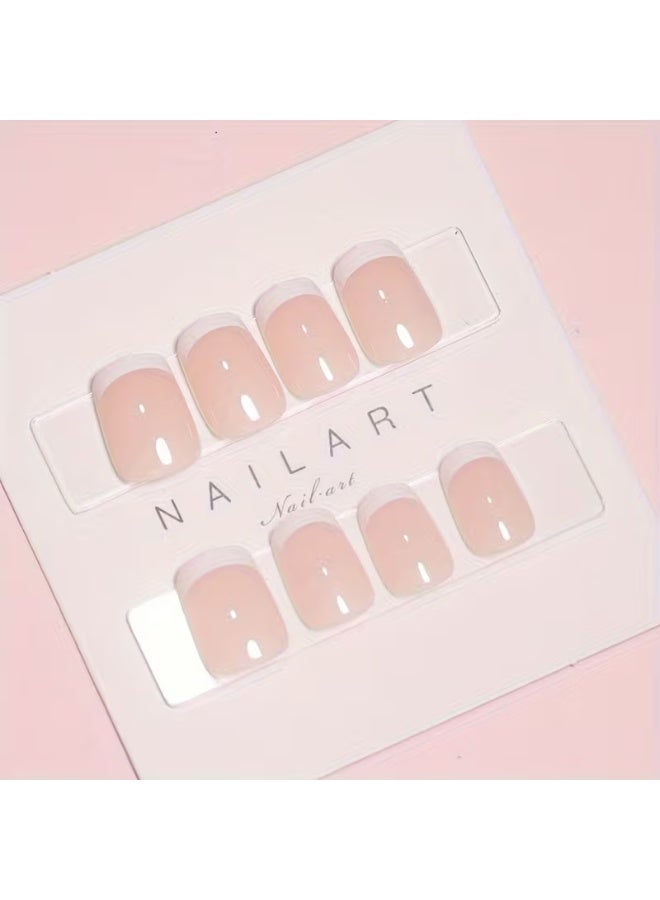 LANGMANNI 24Pcs Classic French Tip Press On Nails, Short Square Nude Pink Fake Nails with White Border, Detachable Reusable Wearable False Nails for Women - Image 4