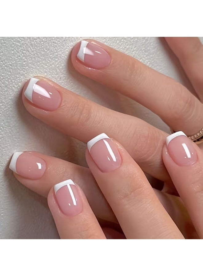 LANGMANNI 24Pcs Classic French Tip Press On Nails, Short Square Nude Pink Fake Nails with White Border, Detachable Reusable Wearable False Nails for Women - Image 5