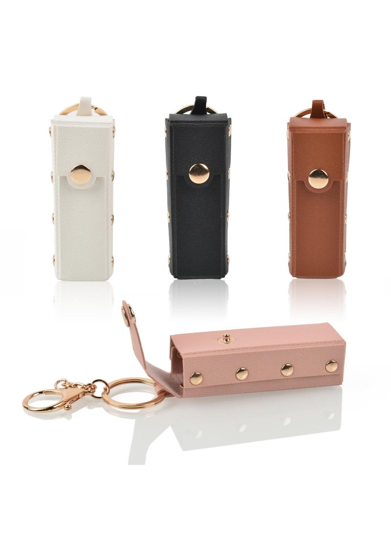 Y&D 4 Pack Lipstick Cases Keychain, Portable PU Leather Chapstick Holder, Lip Gloss Chapstick, Suitable for Travel Daily Accessories (Pink, White, Brown, Black) - Image 1