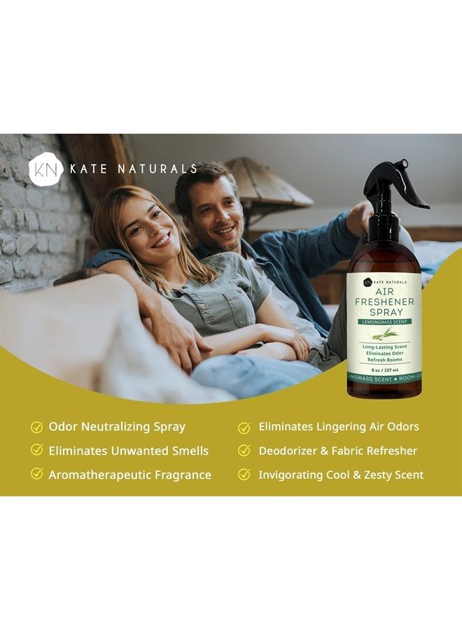 Kate Naturals Air Freshener Spray Lemongrass Scent - Kate Naturals (8 fl oz). Sharp Lemongrass Aroma & Odor Eliminator for Pillows, Linen & Room Spray with Essential Oils. Fabric Refresher Spray for Bedding  - Image 1
