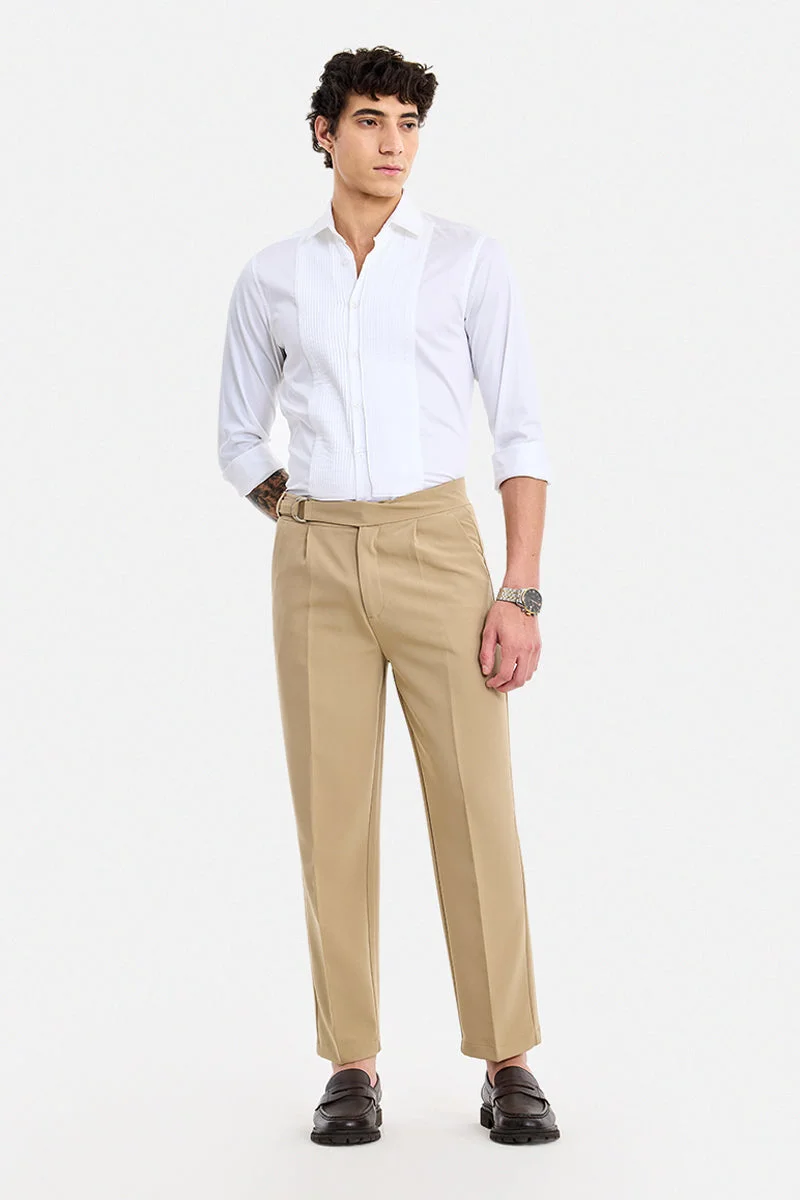 SNITCH Beige Solid Relaxed Formal Trousers