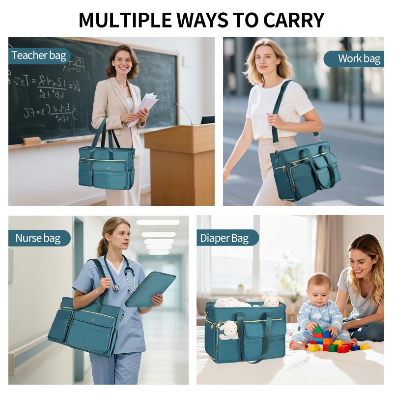 ESTARER Teacher Tote Bag for Women 2Pcs,15.6 Inch Laptop Work Bag Computer bag w/Expandable File Folder, Large Water-Resistant Messenger Handbags w/Insulated Pocket for Office/Travel/College, Teal - Image 2