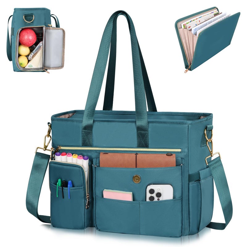 ESTARER Teacher Tote Bag for Women 2Pcs,15.6 Inch Laptop Work Bag Computer bag w/Expandable File Folder, Large Water-Resistant Messenger Handbags w/Insulated Pocket for Office/Travel/College, Teal - Image 1