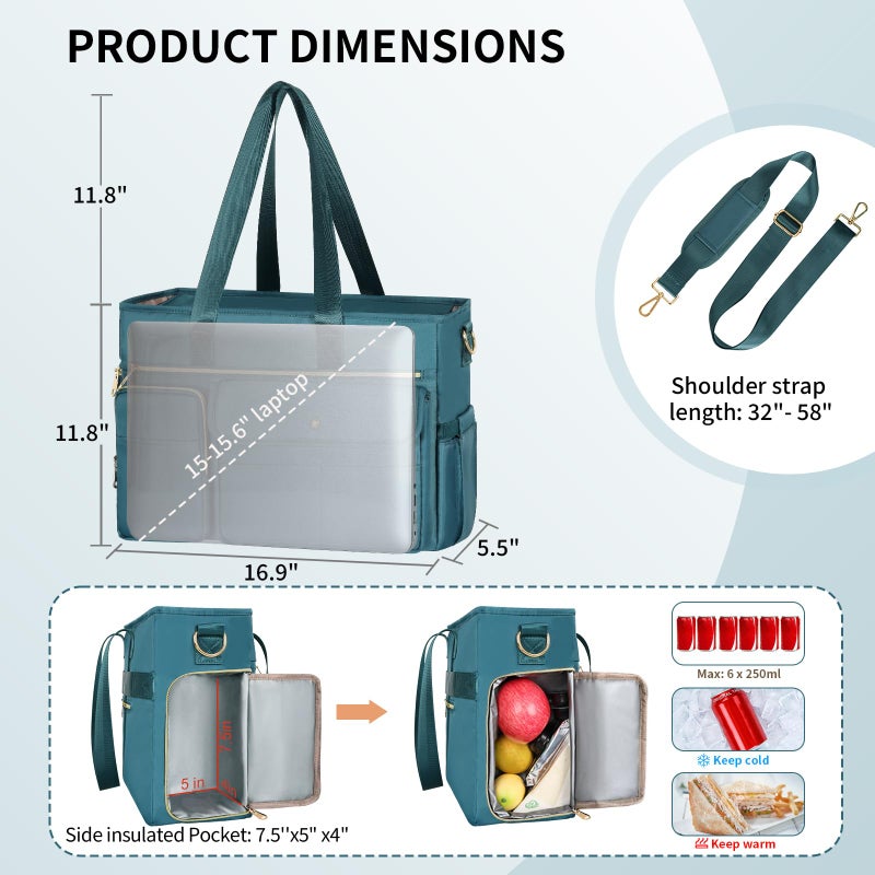 ESTARER Teacher Tote Bag for Women 2Pcs,15.6 Inch Laptop Work Bag Computer bag w/Expandable File Folder, Large Water-Resistant Messenger Handbags w/Insulated Pocket for Office/Travel/College, Teal - Image 4