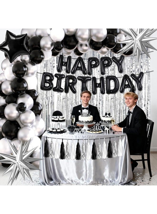 REDWORD Black Birthday Decorations, Black and Silver Birthday Decorations for Men Including HAPPY BIRTHDAY Balloons Banner Foil Balloons Latex Balloon Metallic Silver Fringe Curtains Tassels Garland - Image 5