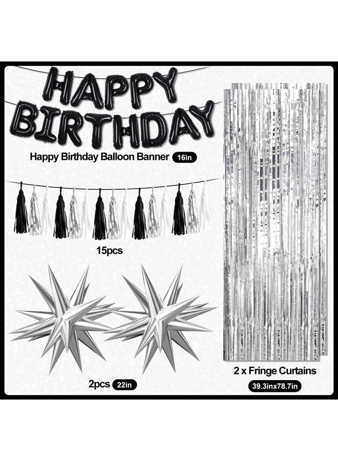 REDWORD Black Birthday Decorations, Black and Silver Birthday Decorations for Men Including HAPPY BIRTHDAY Balloons Banner Foil Balloons Latex Balloon Metallic Silver Fringe Curtains Tassels Garland - Image 2