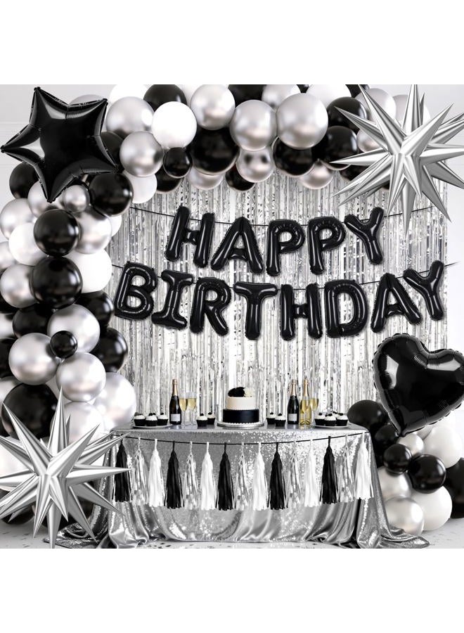 REDWORD Black Birthday Decorations, Black and Silver Birthday Decorations for Men Including HAPPY BIRTHDAY Balloons Banner Foil Balloons Latex Balloon Metallic Silver Fringe Curtains Tassels Garland - Image 1