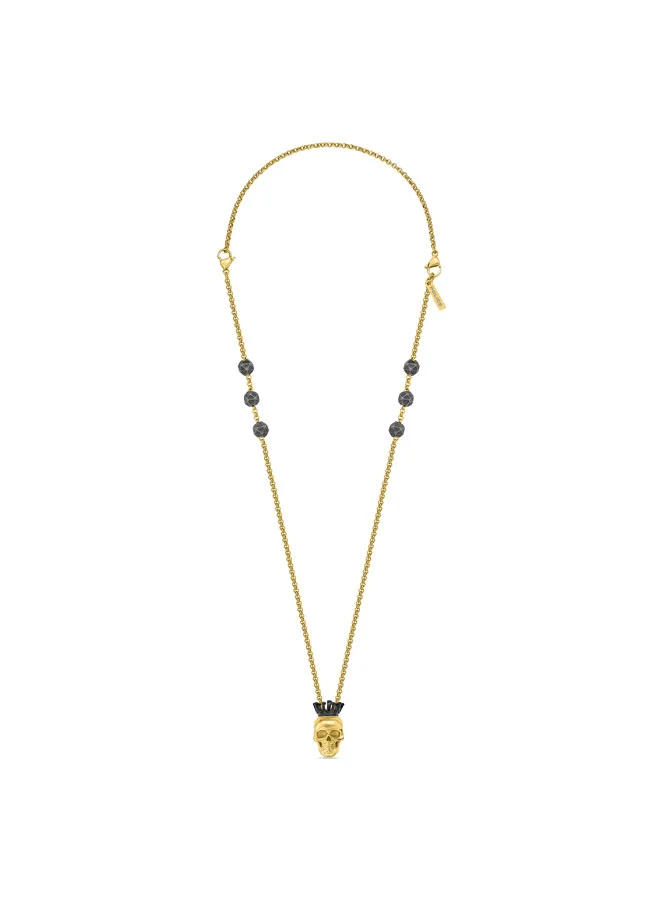 POLICE Gold Plated Skull with Black Crown Necklace