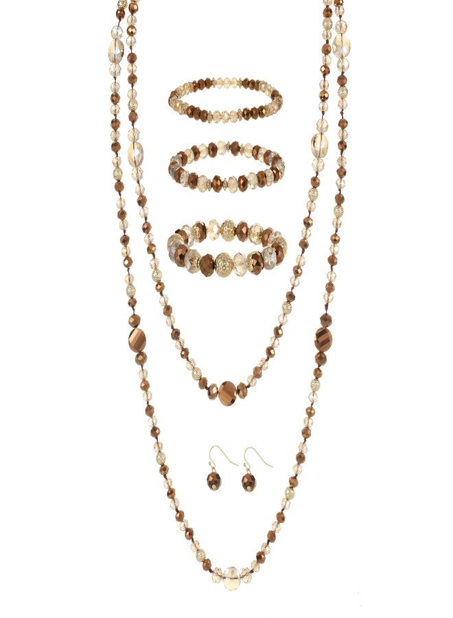Xalroco Trendy Infinity Wrap 60’’ Long Statement Necklace, Earrings and Bracelet Set - Hand Knotted Versatile Strand Necklace and Beaded Stretch Bracelet Stack – Jewelry Set Gift for Women(Brown) - Image 1