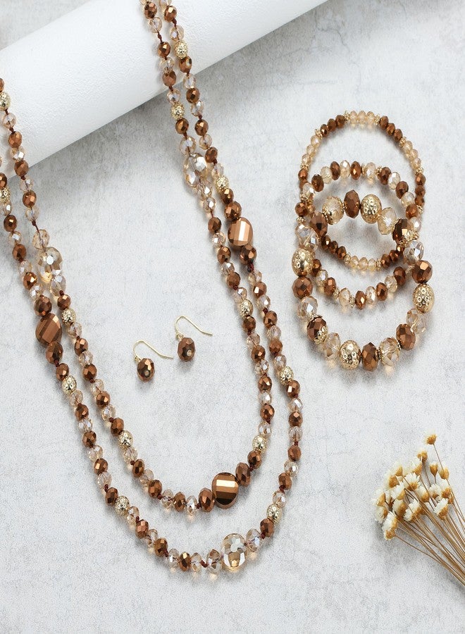 Xalroco Trendy Infinity Wrap 60’’ Long Statement Necklace, Earrings and Bracelet Set - Hand Knotted Versatile Strand Necklace and Beaded Stretch Bracelet Stack – Jewelry Set Gift for Women(Brown) - Image 2