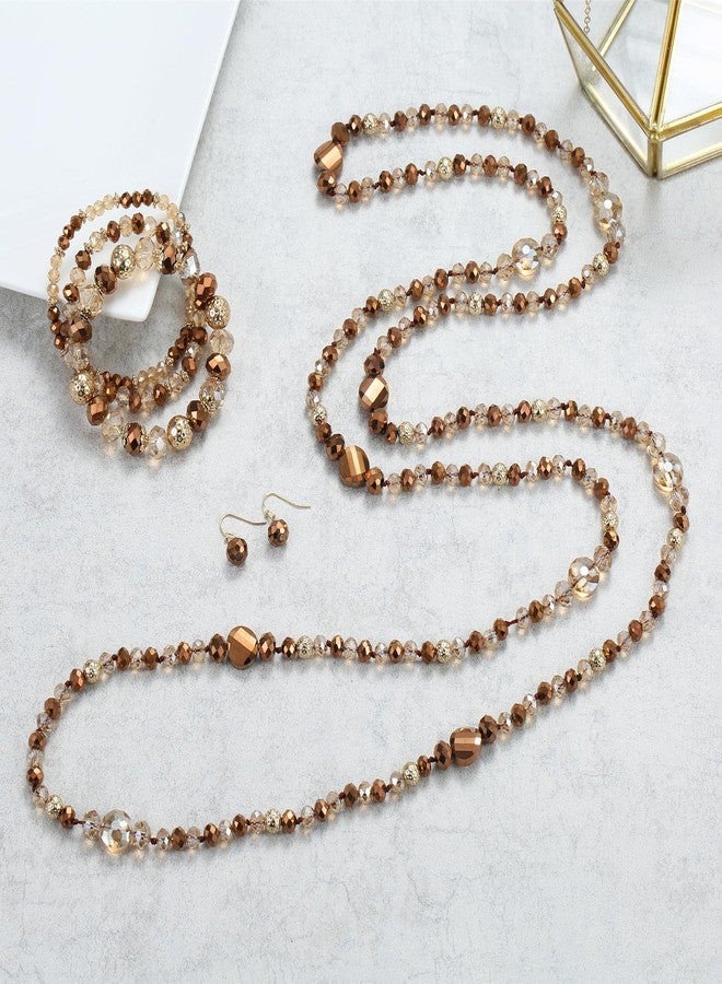 Xalroco Trendy Infinity Wrap 60’’ Long Statement Necklace, Earrings and Bracelet Set - Hand Knotted Versatile Strand Necklace and Beaded Stretch Bracelet Stack – Jewelry Set Gift for Women(Brown) - Image 3