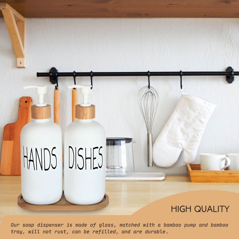 DIDROOM Glass Soap Dispenser Set - Hand Soap and Dish Soap Dispenser with Bamboo Tray. Vintage Soap Dispenser with Pump for KitchenKitchen Drain Outlet and Bathroom. Stylish Permanent Labels (Matte White) - Image 4