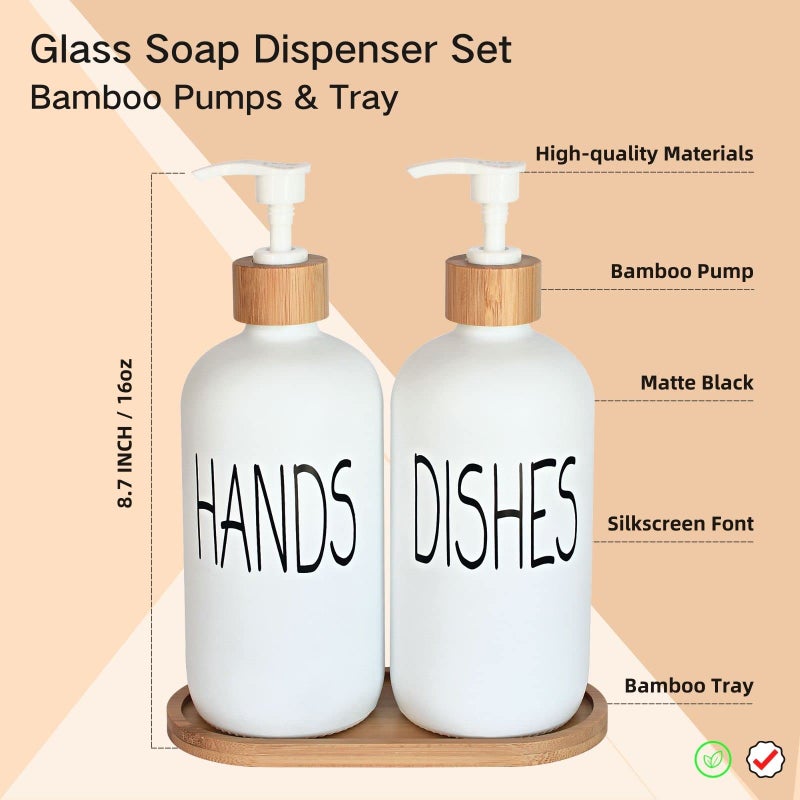 DIDROOM Glass Soap Dispenser Set - Hand Soap and Dish Soap Dispenser with Bamboo Tray. Vintage Soap Dispenser with Pump for KitchenKitchen Drain Outlet and Bathroom. Stylish Permanent Labels (Matte White) - Image 2