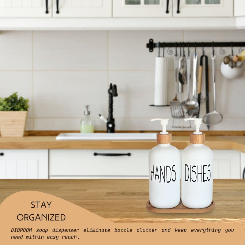 DIDROOM Glass Soap Dispenser Set - Hand Soap and Dish Soap Dispenser with Bamboo Tray. Vintage Soap Dispenser with Pump for KitchenKitchen Drain Outlet and Bathroom. Stylish Permanent Labels (Matte White) - Image 3