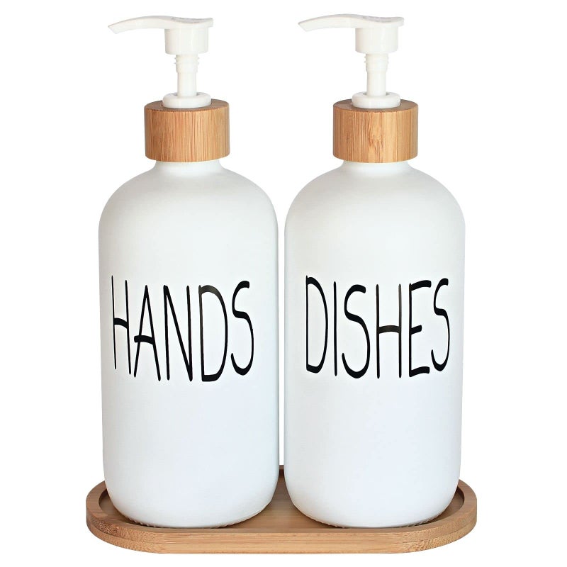 DIDROOM Glass Soap Dispenser Set - Hand Soap and Dish Soap Dispenser with Bamboo Tray. Vintage Soap Dispenser with Pump for KitchenKitchen Drain Outlet and Bathroom. Stylish Permanent Labels (Matte White) - Image 1