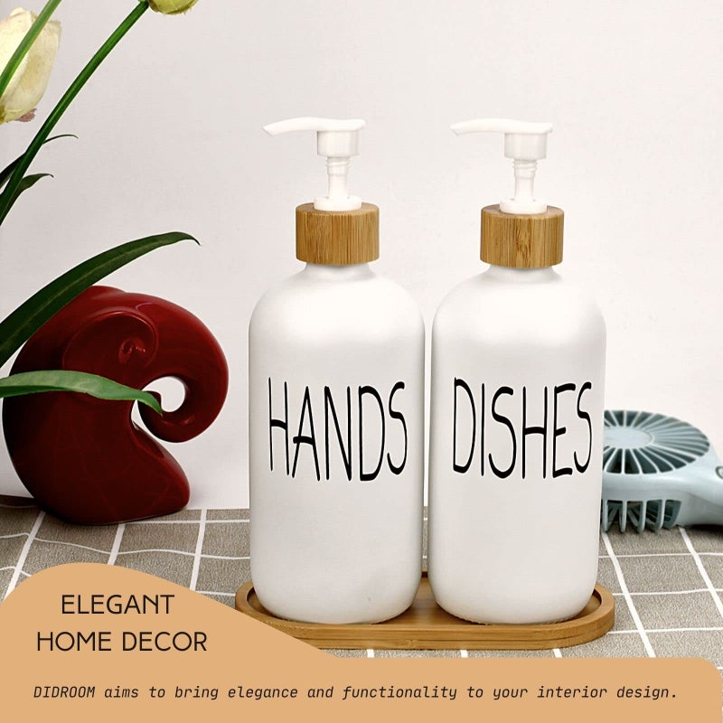 DIDROOM Glass Soap Dispenser Set - Hand Soap and Dish Soap Dispenser with Bamboo Tray. Vintage Soap Dispenser with Pump for KitchenKitchen Drain Outlet and Bathroom. Stylish Permanent Labels (Matte White) - Image 5