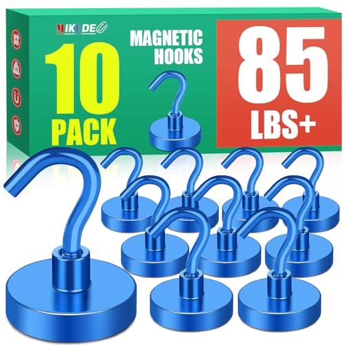 MIKEDE Magnetic Hooks, 85Lbs Strong Neodymium Magnets with Hooks for Cruise, Heavy Duty Earth Magnets Hooks for Refrigerator Hanging, Magnetic Hanger for Cabins, Grill (Blue, 10 Pack) - Image 1