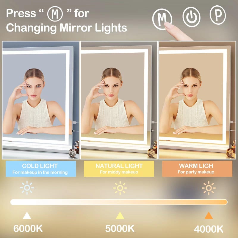 Gvnkvn Makeup Vanity Mirror with Lights 32" x 24" Large LED Makeup Mirror, Light up Mirror with 10X Magnification and USB Charging Port, with Dimmable 3 Modes, Touch Screen Control Round White - Image 3