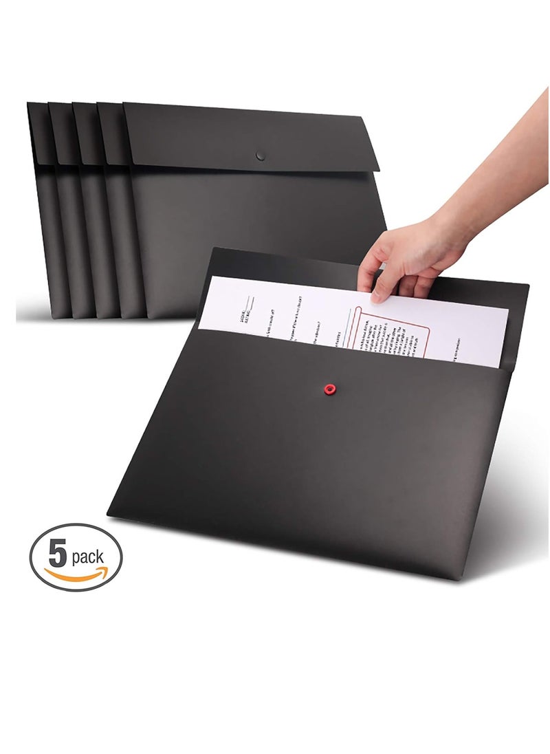 DUNISO - 5 Pcs Poly File Folder Pockets File Jacket Plastic Envelope Flat Document Letter Organizer With Snap Button Closure A4 Letter Size (Black) - Image 1
