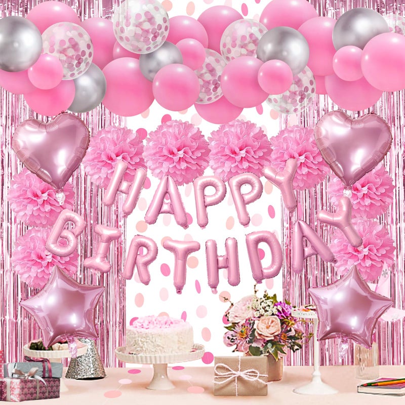 ZERODECO Pink Birthday Party Decorations Happy Birthday Banner Pompoms Balloons Pink Fringe Curtain Party Dcor for Baby Girls Women Party - Image 3