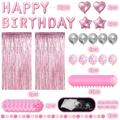 ZERODECO Pink Birthday Party Decorations Happy Birthday Banner Pompoms Balloons Pink Fringe Curtain Party Dcor for Baby Girls Women Party - Image 5