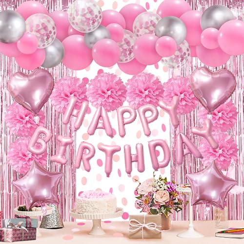 ZERODECO Pink Birthday Party Decorations Happy Birthday Banner Pompoms Balloons Pink Fringe Curtain Party Dcor for Baby Girls Women Party - Image 1