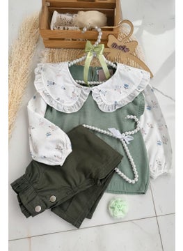 Miniğimin Cicileri My Little Ones (2-9 Years Old) Baby Collar Shirt Knitwear Girl 3-piece Set - Green 