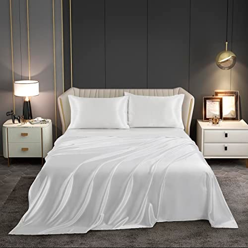 Counfeisly 3 Pieces Satin Sheets Set, Twin Size Luxury Silky Soft Satin Bed Sheets with 1 Deep Pocket Fitted Sheet, 1 Flat Sheet, 1 Pillowcase, White - Image 1