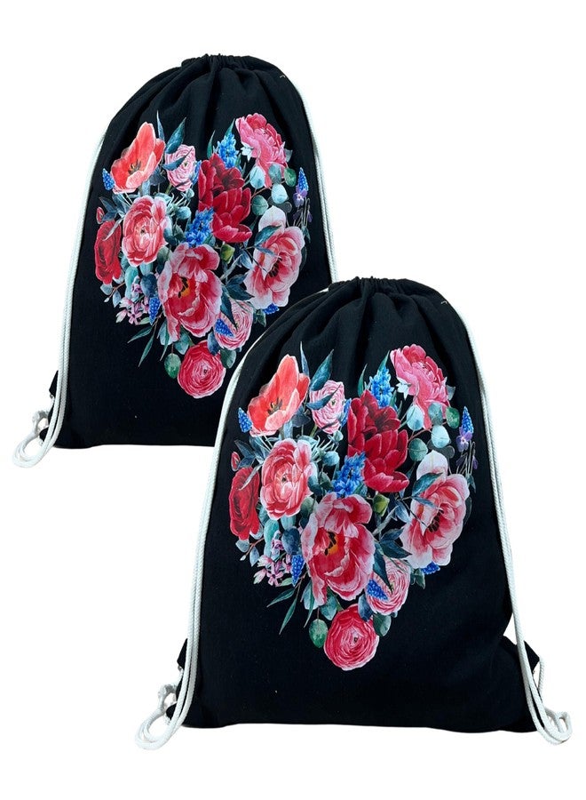 Madosh Women’s Black Cotton Floral Heart Print Drawstring Backpack | Eco-Friendly Shoulder Bag for Gym, Travel, Shopping & Outdoor Use Pack Of Two (18x16) - Image 1