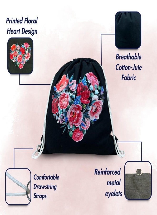Madosh Women’s Black Cotton Floral Heart Print Drawstring Backpack | Eco-Friendly Shoulder Bag for Gym, Travel, Shopping & Outdoor Use Pack Of Two (18x16) - Image 4