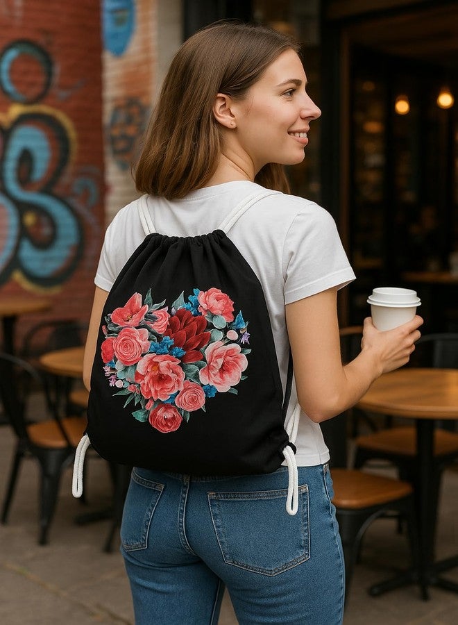 Madosh Women’s Black Cotton Floral Heart Print Drawstring Backpack | Eco-Friendly Shoulder Bag for Gym, Travel, Shopping & Outdoor Use Pack Of Two (18x16) - Image 2
