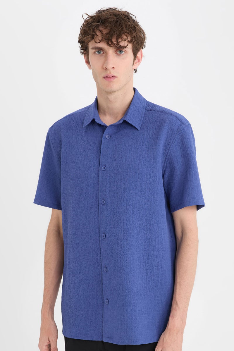DeFacto Purple Man Regular Fit Polo Collar Crinkle Short Sleeve Shirt Casual - Image 1