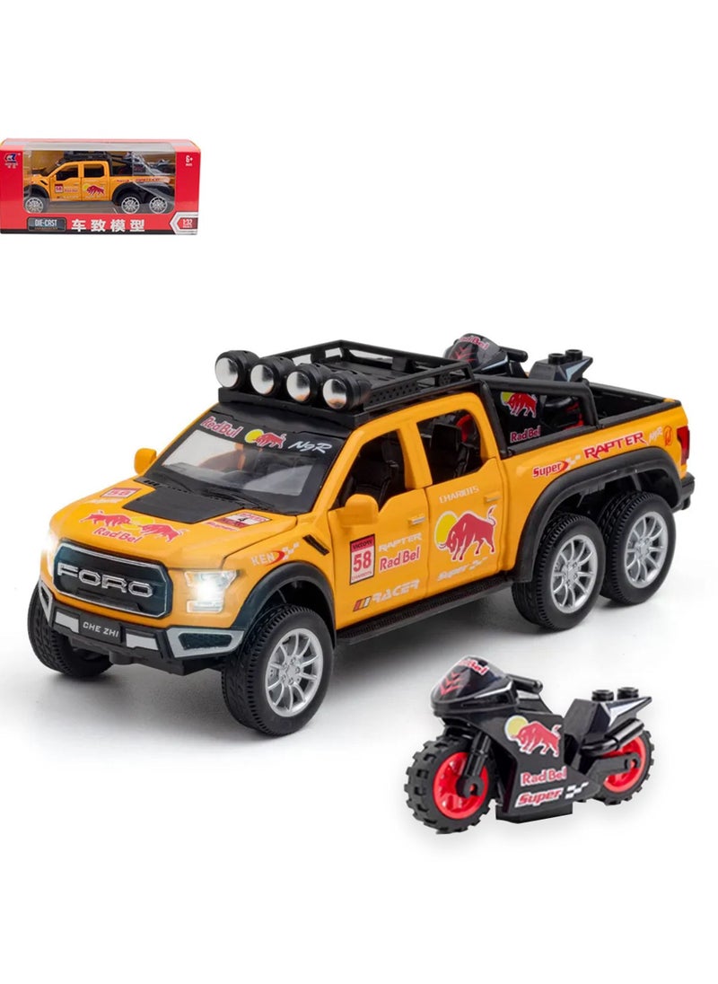 1:28 Scale Die-Cast Metal Toy Car Ford F150 with Sound and Light, Pickup Truck and Trailer Cars Toy Cars with Sports Bike for 3+ Year Old Boys, Yellow  - Image 1