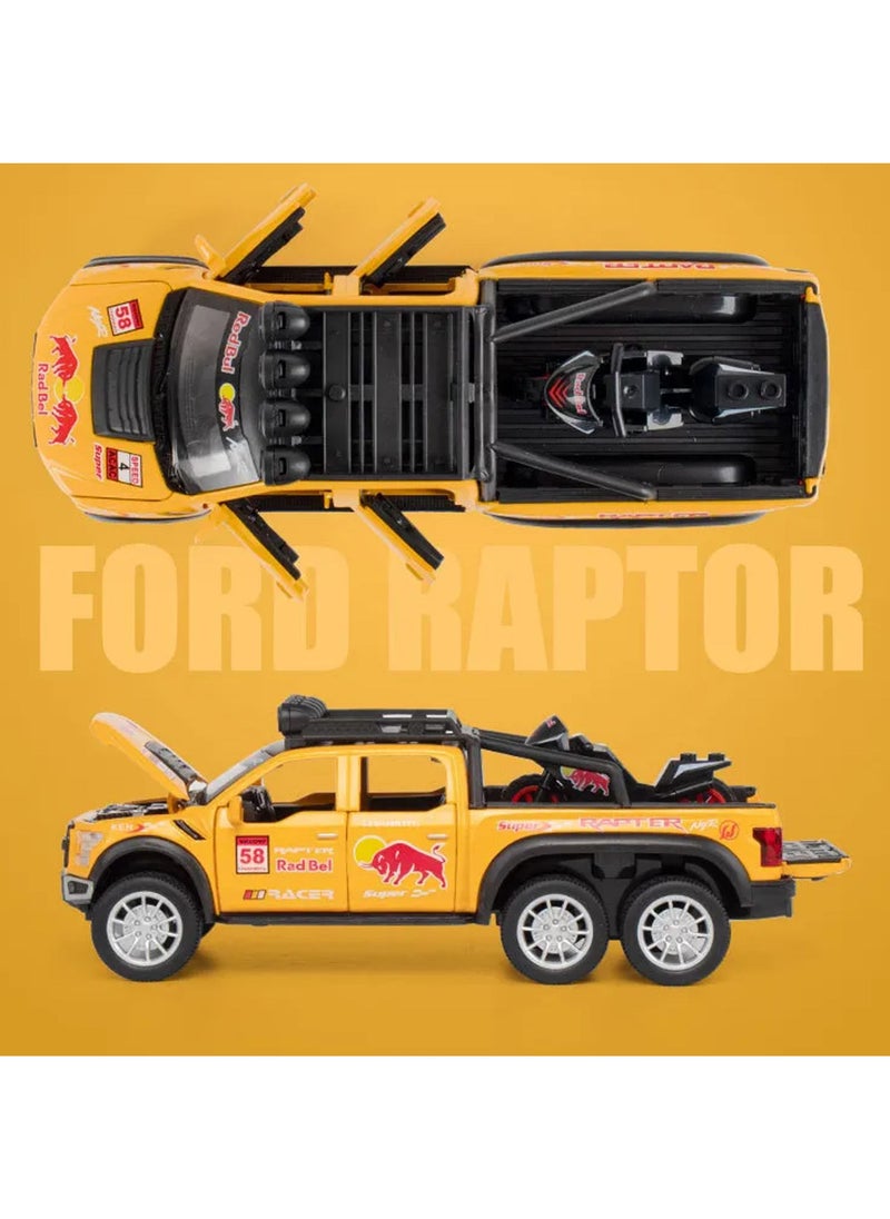 1:28 Scale Die-Cast Metal Toy Car Ford F150 with Sound and Light, Pickup Truck and Trailer Cars Toy Cars with Sports Bike for 3+ Year Old Boys, Yellow  - Image 3
