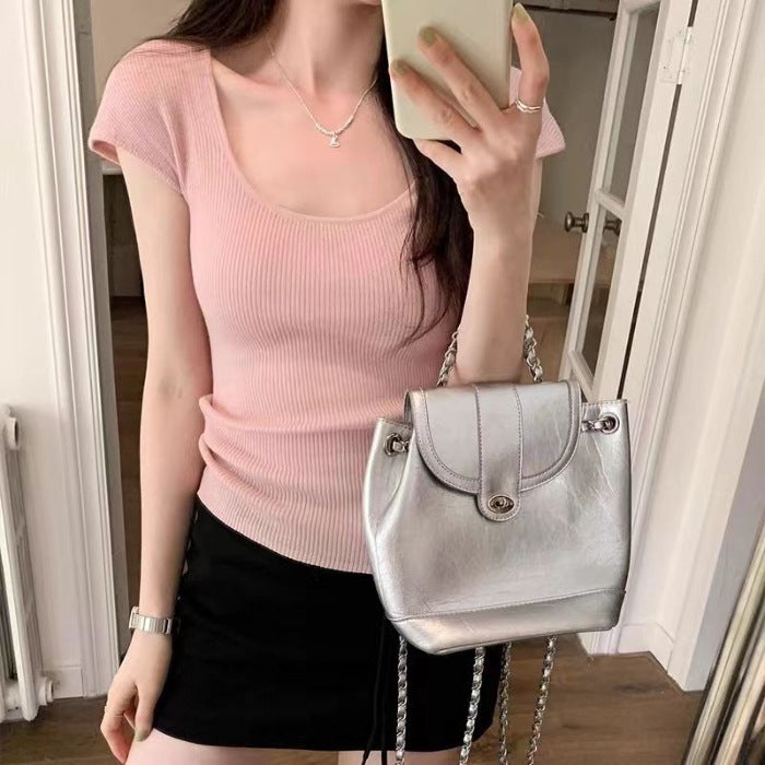 Selling T-Shirts Slim-Fit Ice Silk Short-Sleeved T-Shirt Square Collar Solid Color Slim-Fit Sweater - Image 1