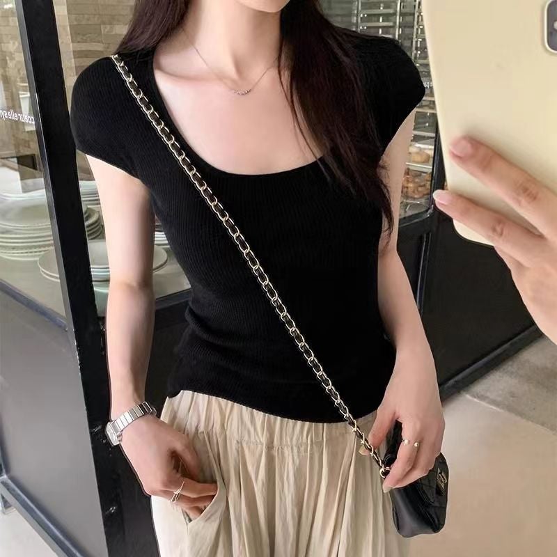 Selling T-Shirts Slim-Fit Ice Silk Short-Sleeved T-Shirt Square Collar Solid Color Slim-Fit Sweater - Image 3