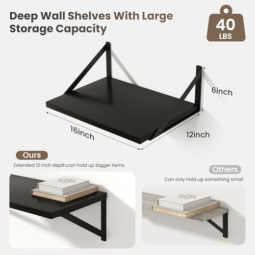 Marsmiles Black Floating Shelves for Wall, 12 Inch Deep Wood Wall Mounted Shelves Set of 2, 16W x 12D Wide Floating Wood Shelves for Bathroom Bedroom Kitchen Living Room, Black - Image 3