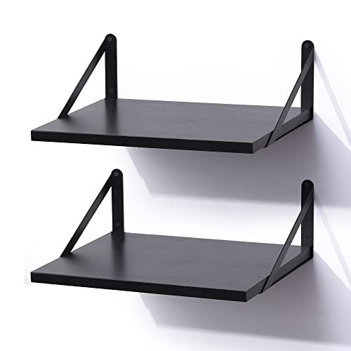 Marsmiles Black Floating Shelves for Wall, 12 Inch Deep Wood Wall Mounted Shelves Set of 2, 16W x 12D Wide Floating Wood Shelves for Bathroom Bedroom Kitchen Living Room, Black - Image 1