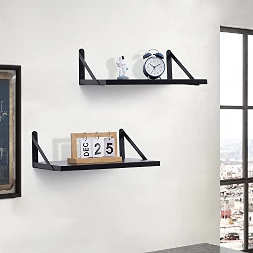 Marsmiles Black Floating Shelves for Wall, 12 Inch Deep Wood Wall Mounted Shelves Set of 2, 16W x 12D Wide Floating Wood Shelves for Bathroom Bedroom Kitchen Living Room, Black - Image 2