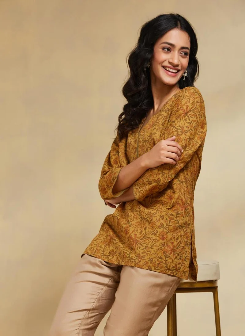 Fabindia Mustard Cotton Slim Fit Printed Short Kurta