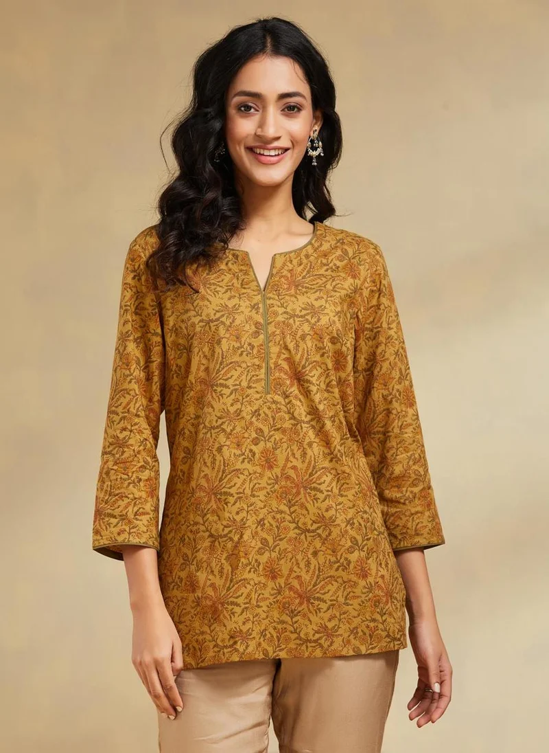 Fabindia Mustard Cotton Slim Fit Printed Short Kurta